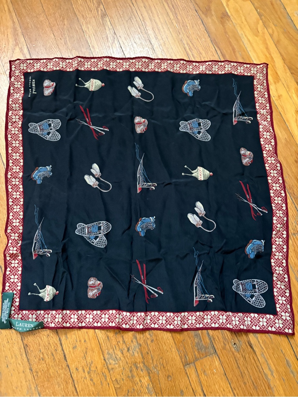 Lauren Ralph Lauren Black Scarf with Red Border and Multicolor Ski Motif